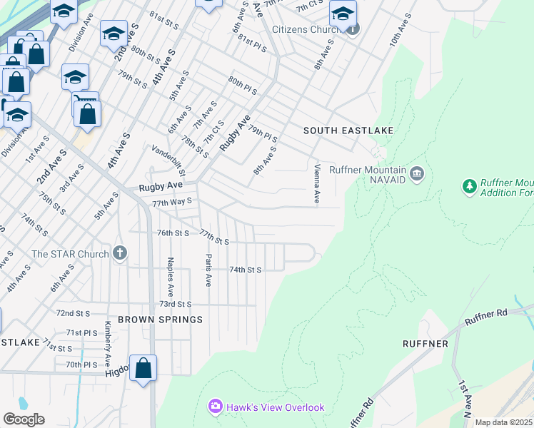 map of restaurants, bars, coffee shops, grocery stores, and more near 843 Vanderbilt Street in Birmingham