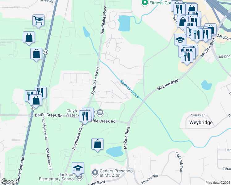 map of restaurants, bars, coffee shops, grocery stores, and more near 7290 Southlake Parkway in Morrow