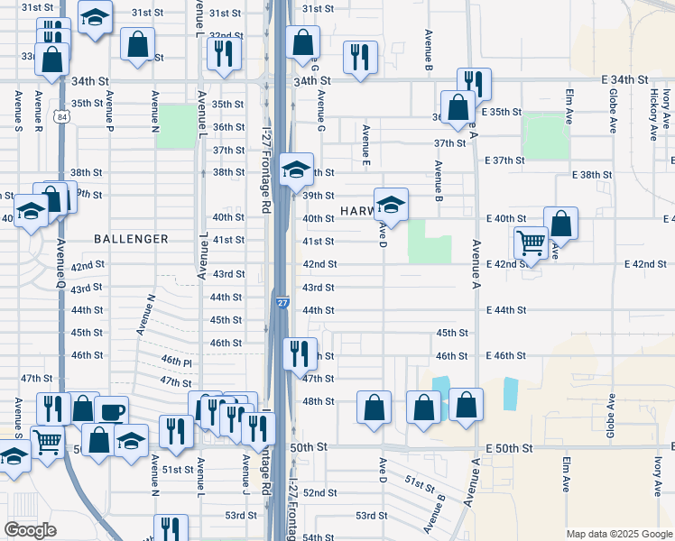 map of restaurants, bars, coffee shops, grocery stores, and more near 523 42nd Street in Lubbock