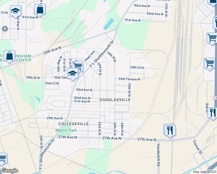 map of restaurants, bars, coffee shops, grocery stores, and more near 3329 33rd Place North in Birmingham