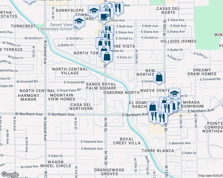 map of restaurants, bars, coffee shops, grocery stores, and more near 6291 North 7th Street in Phoenix