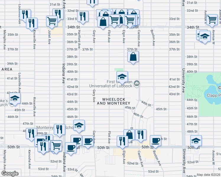 map of restaurants, bars, coffee shops, grocery stores, and more near 4012 Flint Avenue in Lubbock