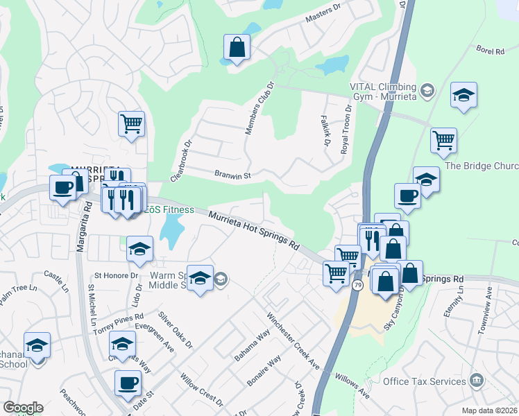 map of restaurants, bars, coffee shops, grocery stores, and more near 29365 Calle Gaviota in Murrieta