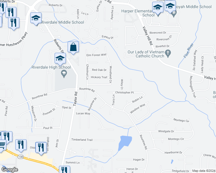 map of restaurants, bars, coffee shops, grocery stores, and more near 7298 Woodland Circle in Riverdale
