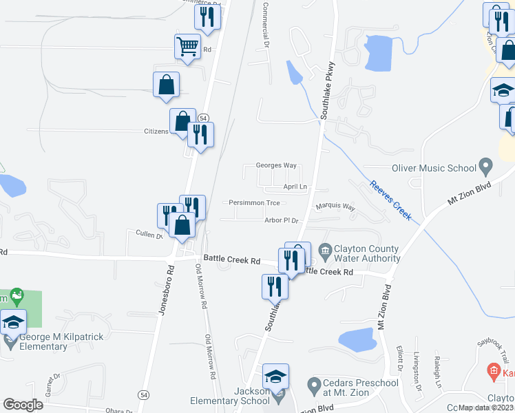 map of restaurants, bars, coffee shops, grocery stores, and more near 1495 Persimmon Trace in Morrow