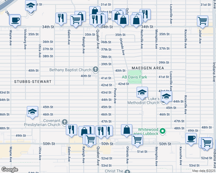 map of restaurants, bars, coffee shops, grocery stores, and more near 4313 41st Street in Lubbock