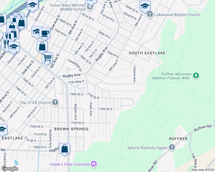 map of restaurants, bars, coffee shops, grocery stores, and more near 805 Vanderbilt Street in Birmingham