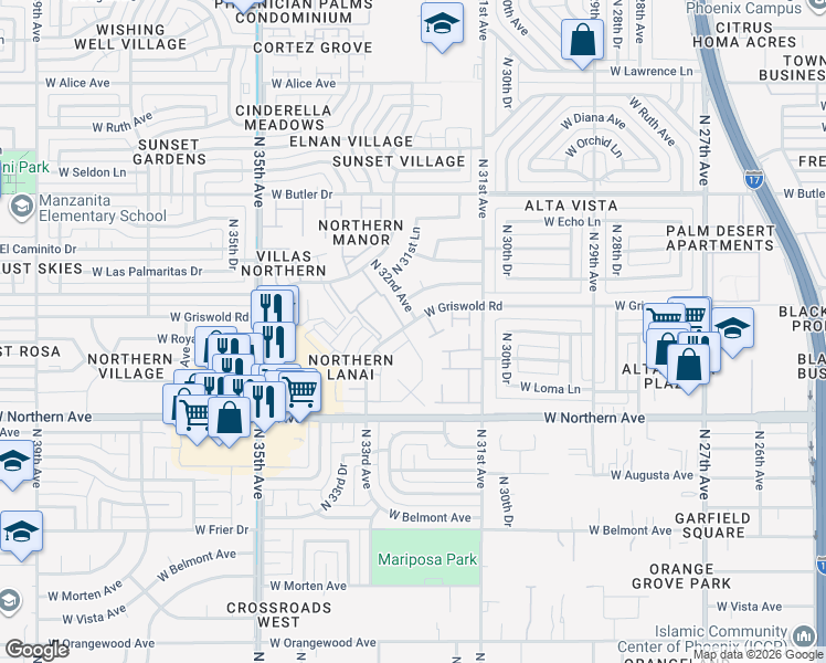 map of restaurants, bars, coffee shops, grocery stores, and more near 3158 West Griswold Road in Phoenix