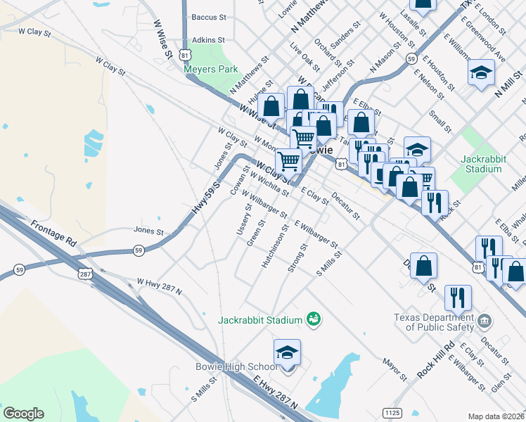 map of restaurants, bars, coffee shops, grocery stores, and more near 219 West Wilbarger Street in Bowie