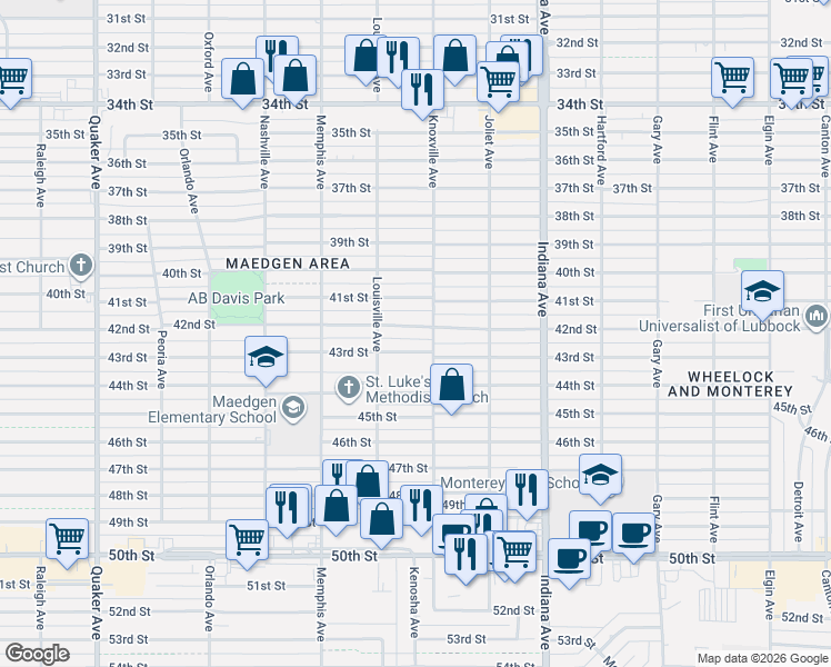 map of restaurants, bars, coffee shops, grocery stores, and more near 3612 42nd Street in Lubbock