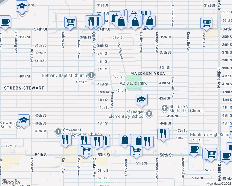 map of restaurants, bars, coffee shops, grocery stores, and more near 4216 42nd Street in Lubbock