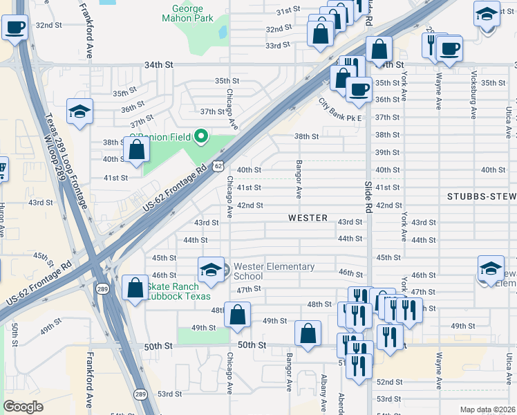 map of restaurants, bars, coffee shops, grocery stores, and more near 5425 41st Street in Lubbock