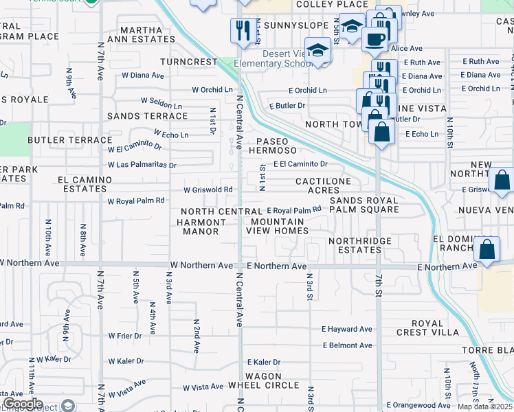 map of restaurants, bars, coffee shops, grocery stores, and more near 21 East Griswold Road in Phoenix
