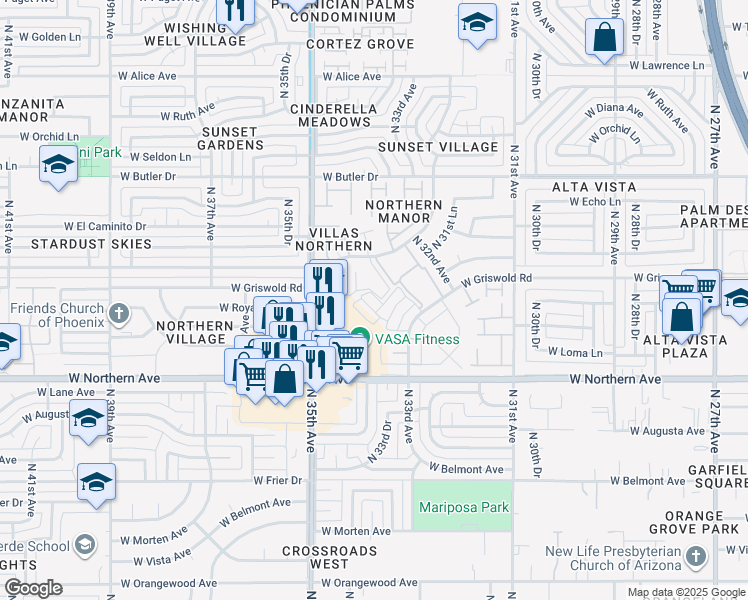map of restaurants, bars, coffee shops, grocery stores, and more near 8136 North 33rd Drive in Phoenix