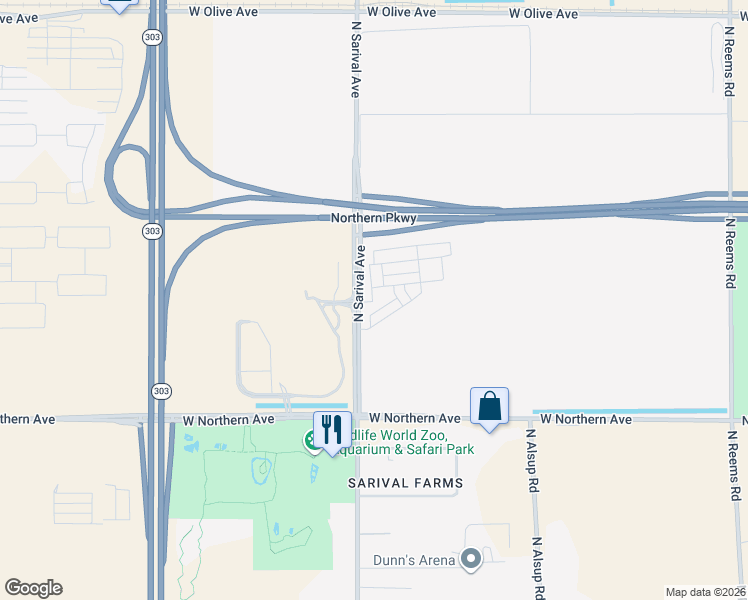 map of restaurants, bars, coffee shops, grocery stores, and more near 8001-8397 North Sarival Road in Waddell