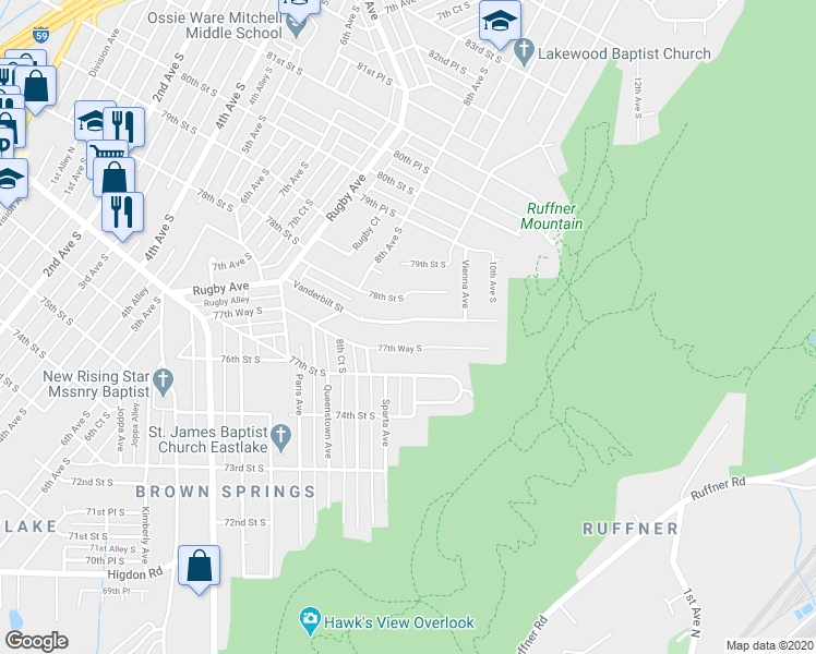 map of restaurants, bars, coffee shops, grocery stores, and more near 848 Vanderbilt Street in Birmingham