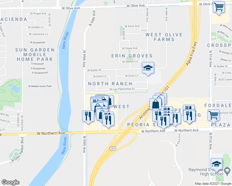 map of restaurants, bars, coffee shops, grocery stores, and more near Powerline Trail in Peoria