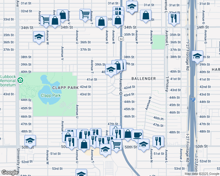 map of restaurants, bars, coffee shops, grocery stores, and more near 1715 42nd Street in Lubbock