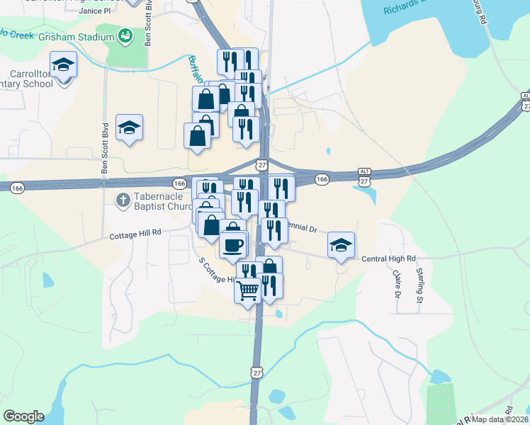 map of restaurants, bars, coffee shops, grocery stores, and more near in Carrollton