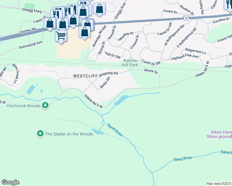 map of restaurants, bars, coffee shops, grocery stores, and more near 5 Belair Road in Aiken