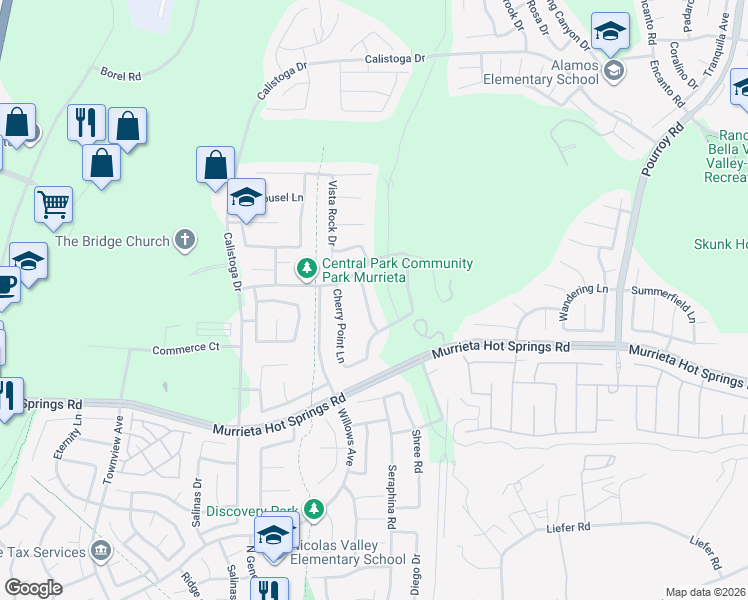 map of restaurants, bars, coffee shops, grocery stores, and more near 38858 Sugar Pine Way in Murrieta