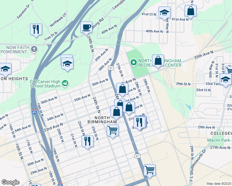 map of restaurants, bars, coffee shops, grocery stores, and more near 3424 26th Street North in Birmingham