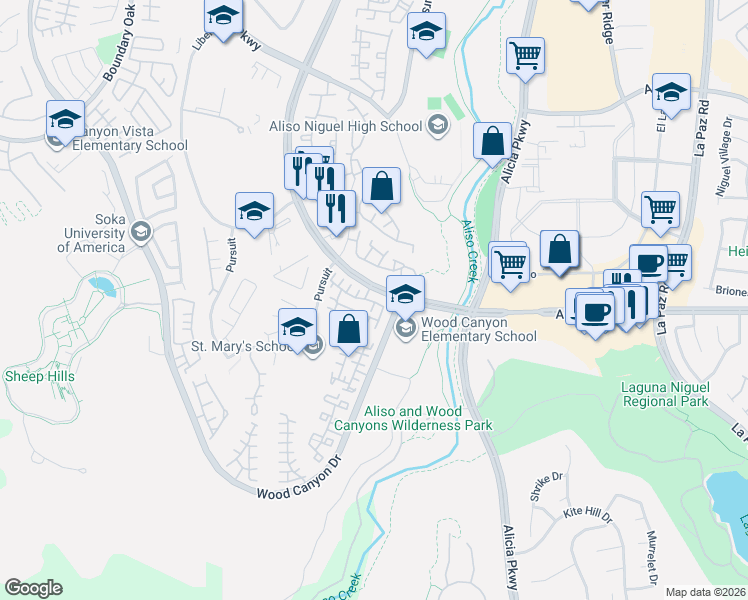 map of restaurants, bars, coffee shops, grocery stores, and more near 19 Belvedere in Aliso Viejo