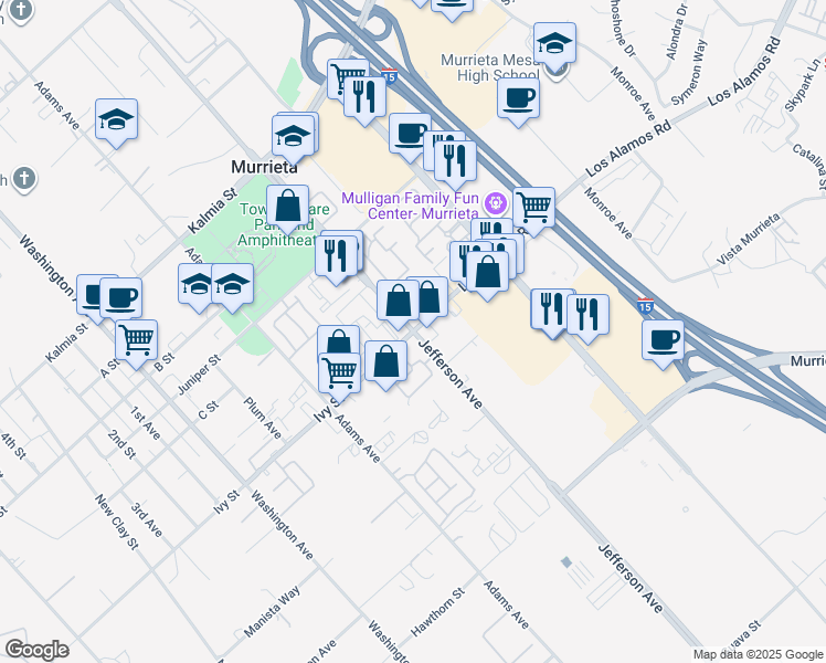 map of restaurants, bars, coffee shops, grocery stores, and more near Jefferson Ave & Los Alamos Rd in Murrieta
