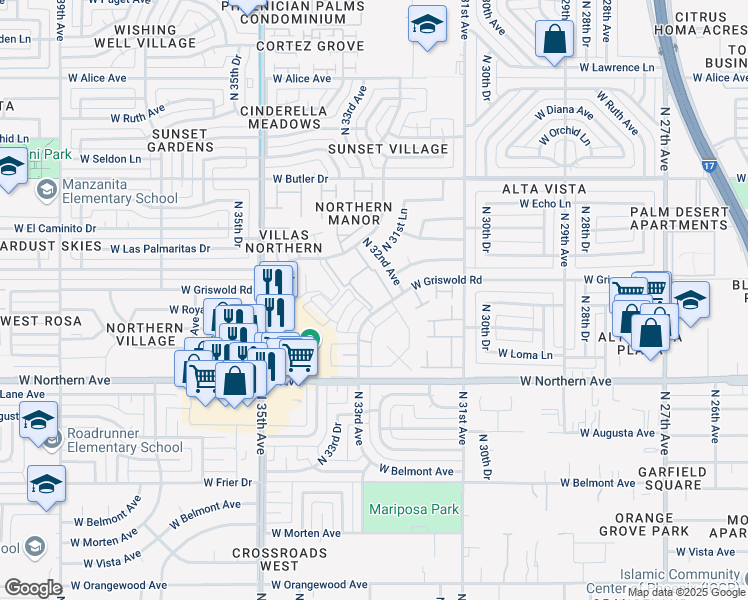 map of restaurants, bars, coffee shops, grocery stores, and more near 8144 North 33rd Avenue in Phoenix