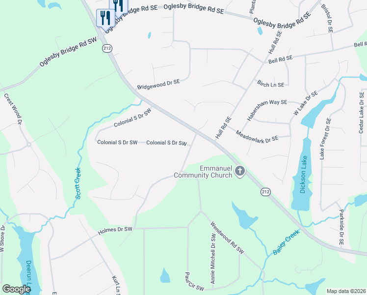 map of restaurants, bars, coffee shops, grocery stores, and more near 1605 Colonial South Drive Southwest in Conyers