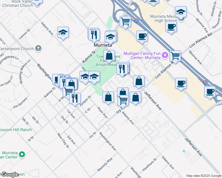 map of restaurants, bars, coffee shops, grocery stores, and more near 24731 Valleywalk Street in Murrieta