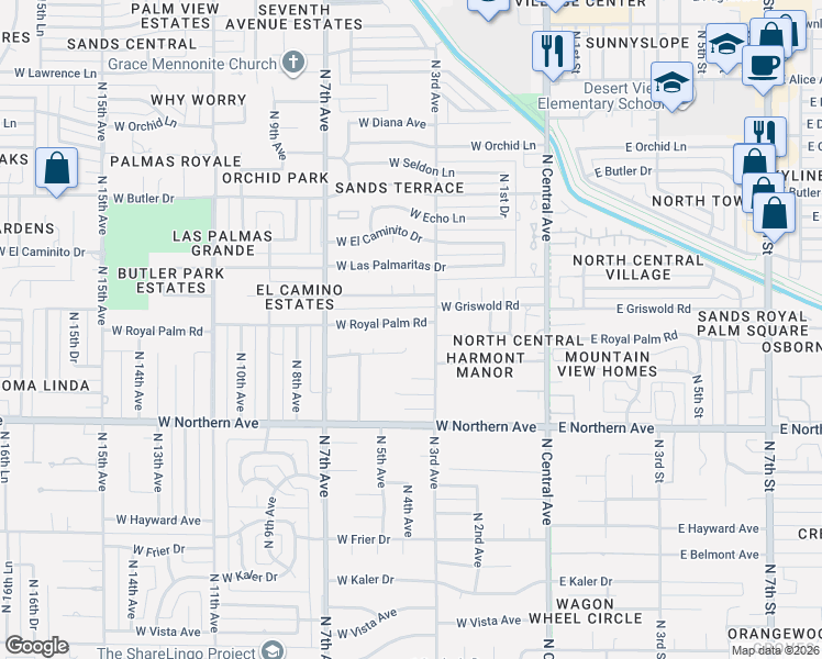 map of restaurants, bars, coffee shops, grocery stores, and more near 302 West Royal Palm Road in Phoenix