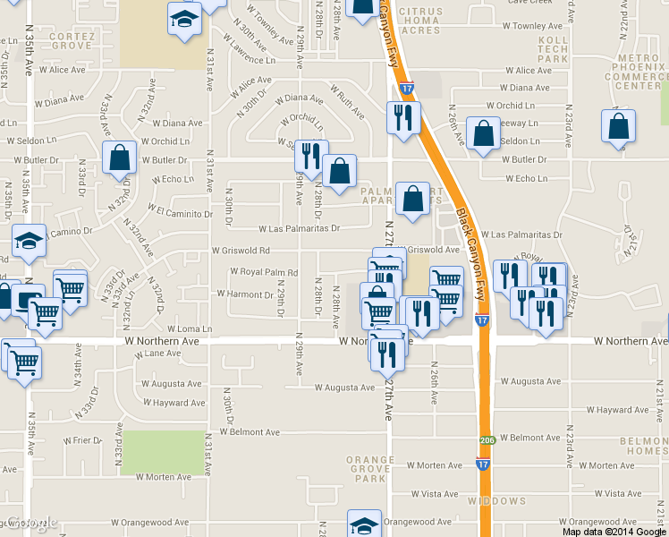 map of restaurants, bars, coffee shops, grocery stores, and more near 2739 West Griswold Road in Phoenix