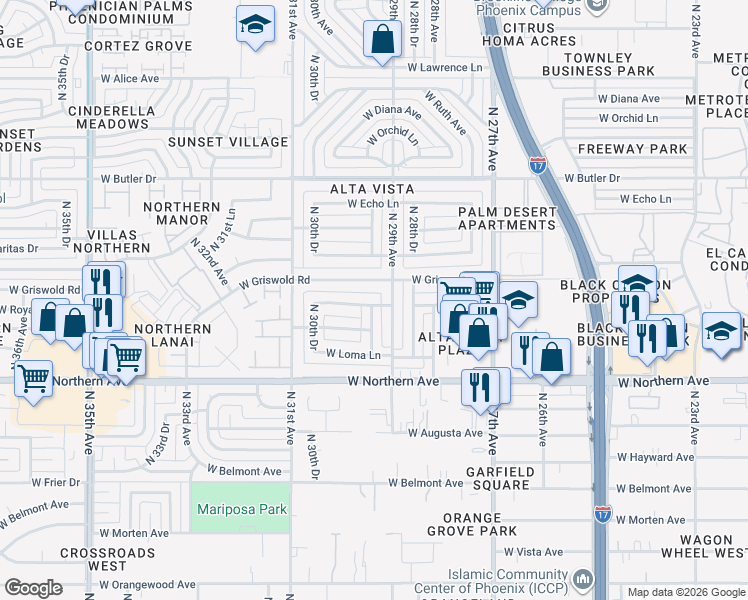 map of restaurants, bars, coffee shops, grocery stores, and more near 2915 West Griswold Road in Phoenix