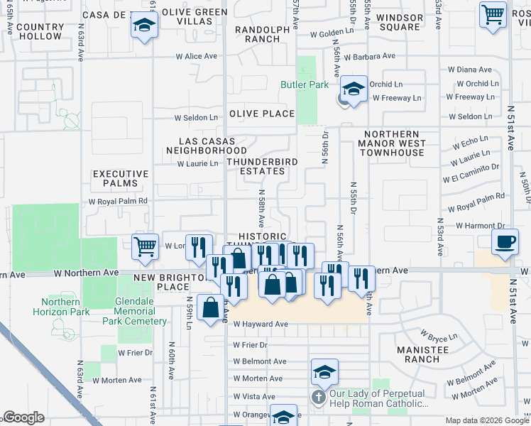 map of restaurants, bars, coffee shops, grocery stores, and more near 5737 West Royal Palm Road in Glendale