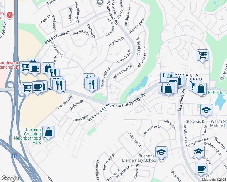 map of restaurants, bars, coffee shops, grocery stores, and more near 25959 Summer Hill Court in Murrieta
