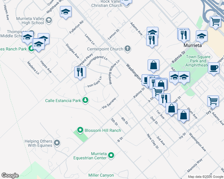 map of restaurants, bars, coffee shops, grocery stores, and more near 42188 Weeping Willow Lane in Murrieta
