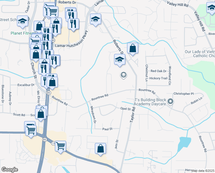 map of restaurants, bars, coffee shops, grocery stores, and more near 7288 Williamsburg Drive in Riverdale