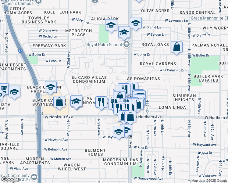 map of restaurants, bars, coffee shops, grocery stores, and more near 8102 North 19th Drive in Phoenix