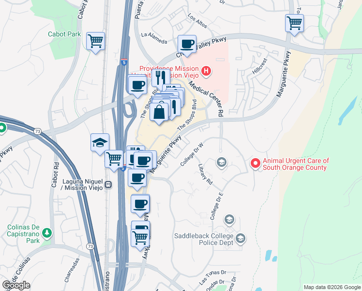 map of restaurants, bars, coffee shops, grocery stores, and more near 28032 Marguerite Parkway in Mission Viejo
