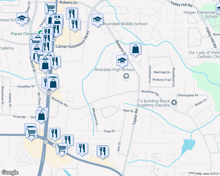 map of restaurants, bars, coffee shops, grocery stores, and more near 7263 Sandpiper Way in Riverdale