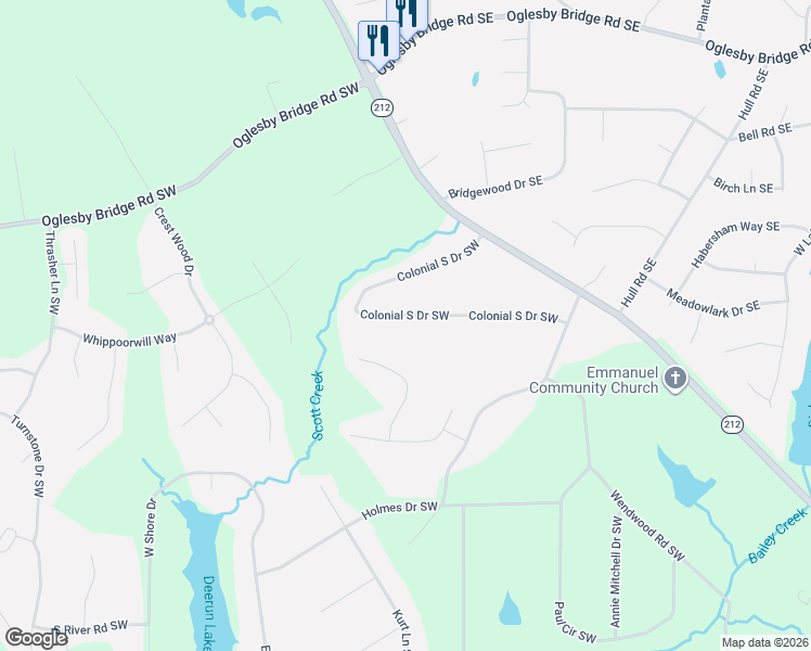 map of restaurants, bars, coffee shops, grocery stores, and more near 1765 Colonial South Drive Southwest in Conyers