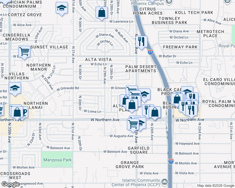 map of restaurants, bars, coffee shops, grocery stores, and more near 2739 West Griswold Road in Phoenix