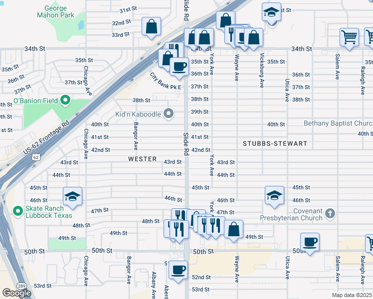 map of restaurants, bars, coffee shops, grocery stores, and more near Slide Road & 42nd Street in Lubbock