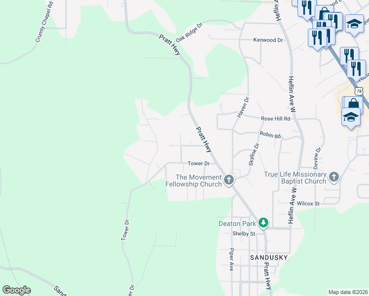 map of restaurants, bars, coffee shops, grocery stores, and more near 1001 Dover Lane in Birmingham