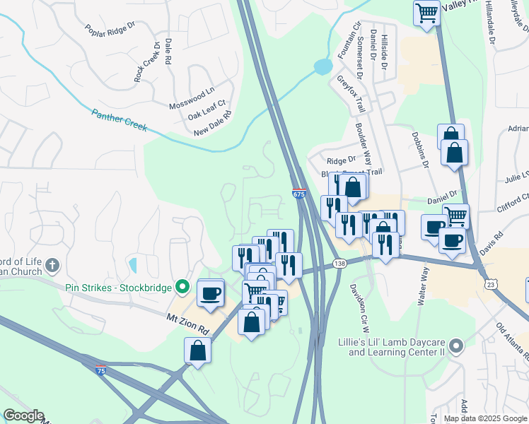 map of restaurants, bars, coffee shops, grocery stores, and more near 7305 Georgia 138 in Stockbridge