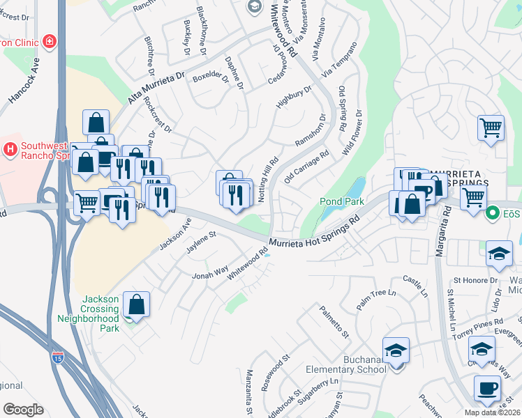 map of restaurants, bars, coffee shops, grocery stores, and more near 39970 Notting Hill Road in Murrieta