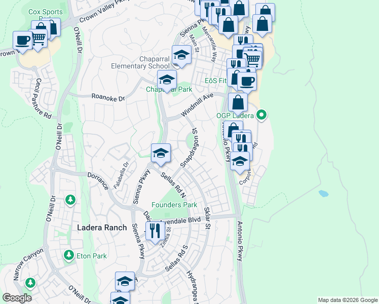 map of restaurants, bars, coffee shops, grocery stores, and more near 25 Bellflower Street in Ladera Ranch
