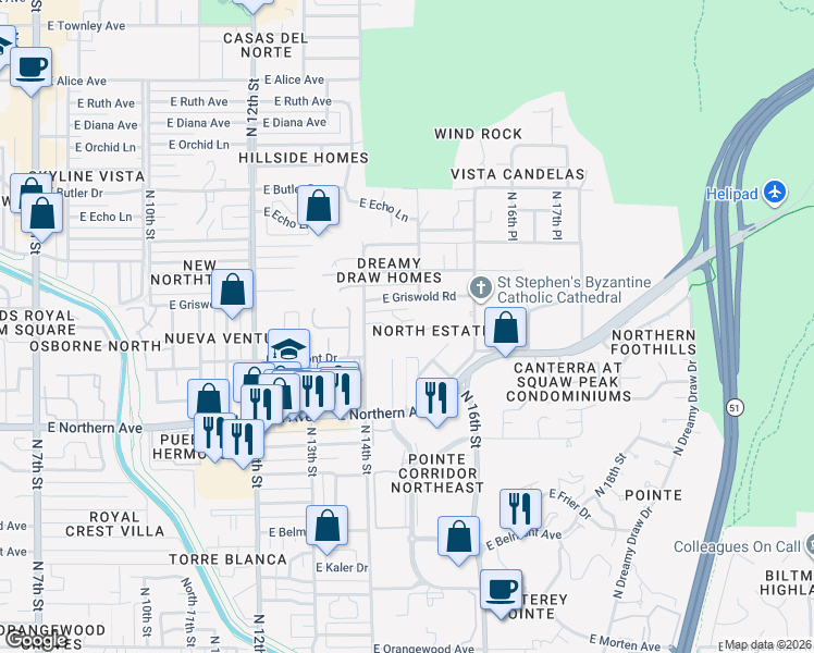 map of restaurants, bars, coffee shops, grocery stores, and more near 1513 East Griswold Road in Phoenix