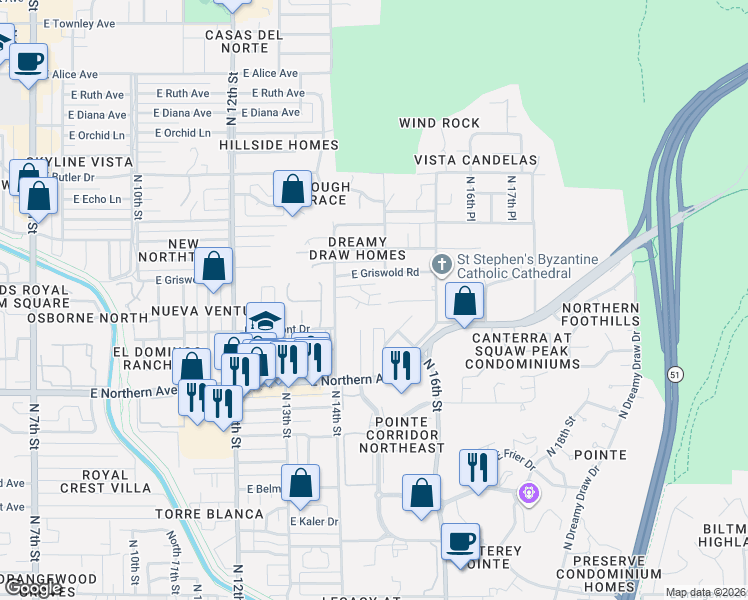 map of restaurants, bars, coffee shops, grocery stores, and more near 1513 East Griswold Road in Phoenix